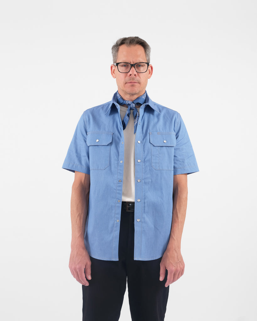 Short Sleeve  Drover Shirt - Light Indigo