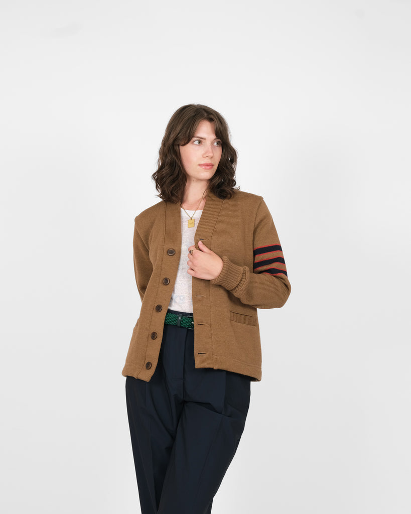 Women's Varsity Cardigan - Dark Tan / Dark Navy & Forster Red